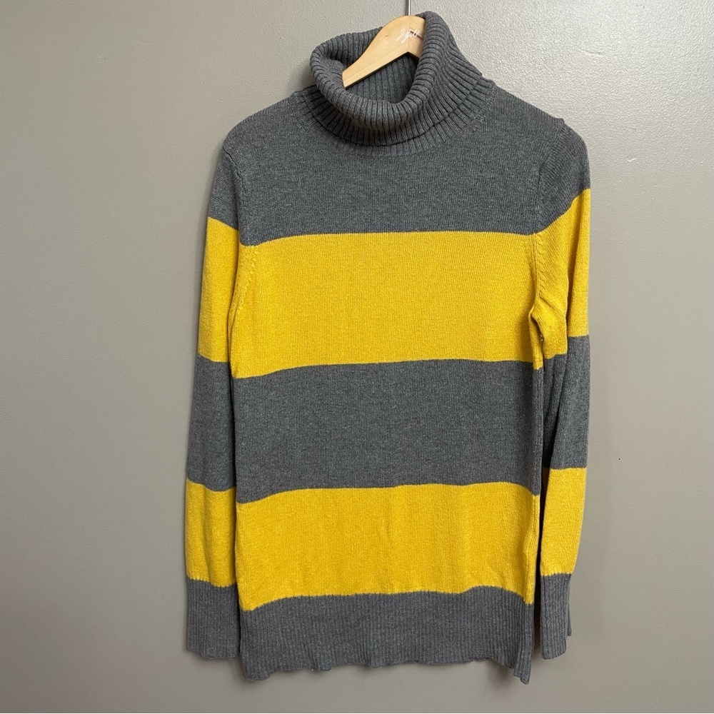 Lands' End women’s Medium 8 10 Yellow Gray Striped Turtleneck Sweater wool